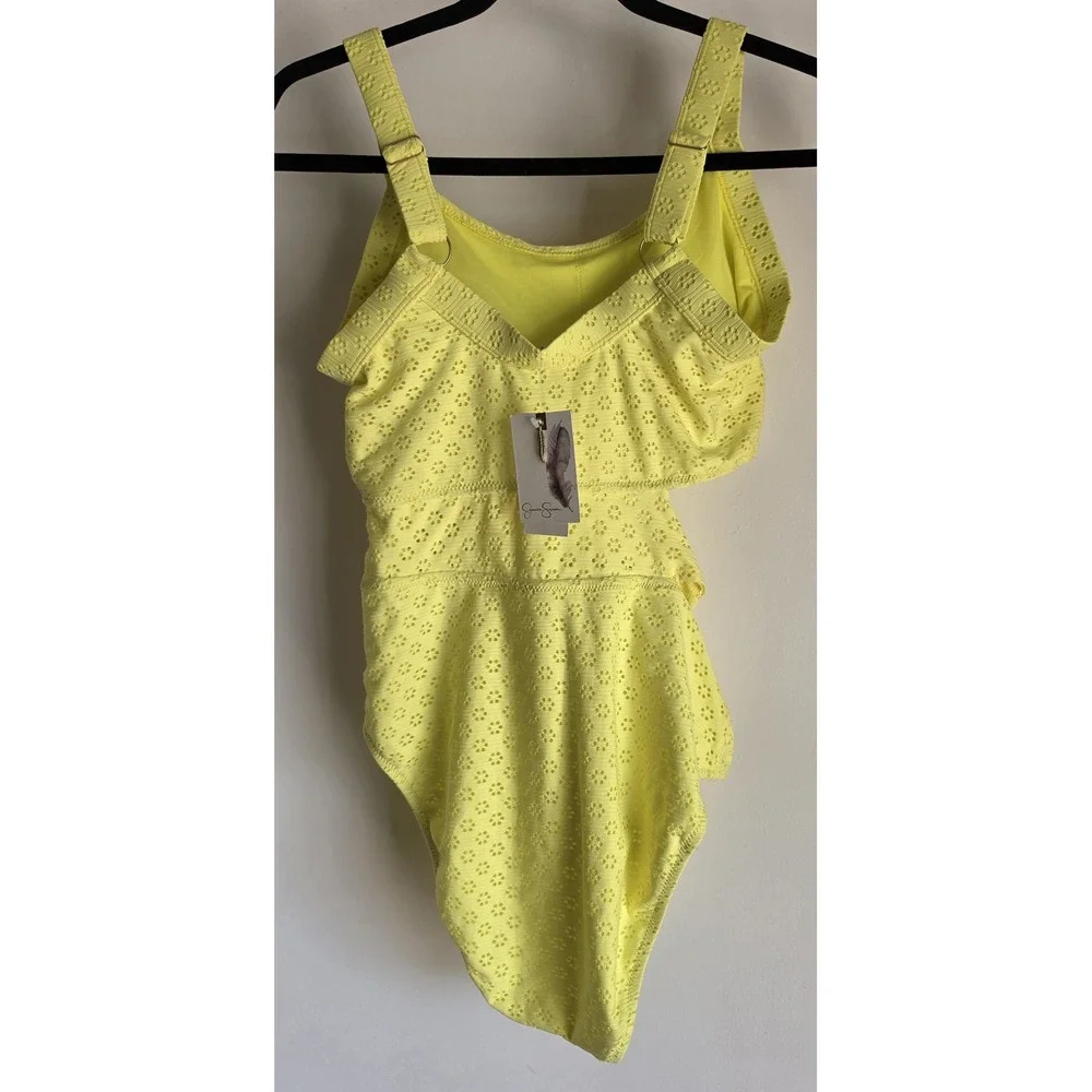 NWT Jessica Simpson Yellow Eyelet One Piece Swimsuit Women M Scoop Neck Resort